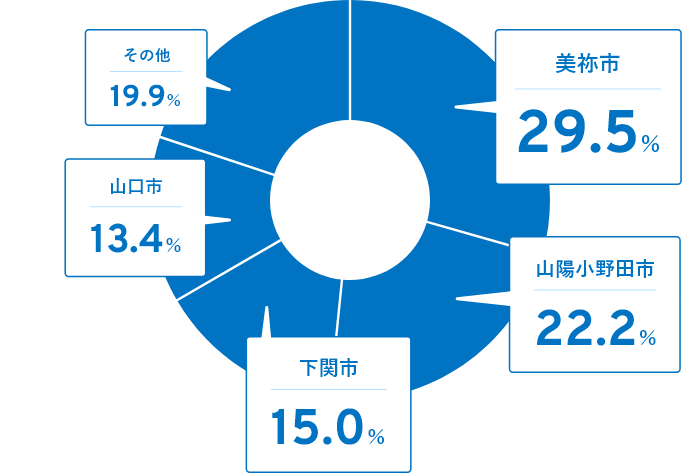 美祢市29.5% 山陽小野田市22.2% 下関市15.0% 山口市13.4% その他19.9%